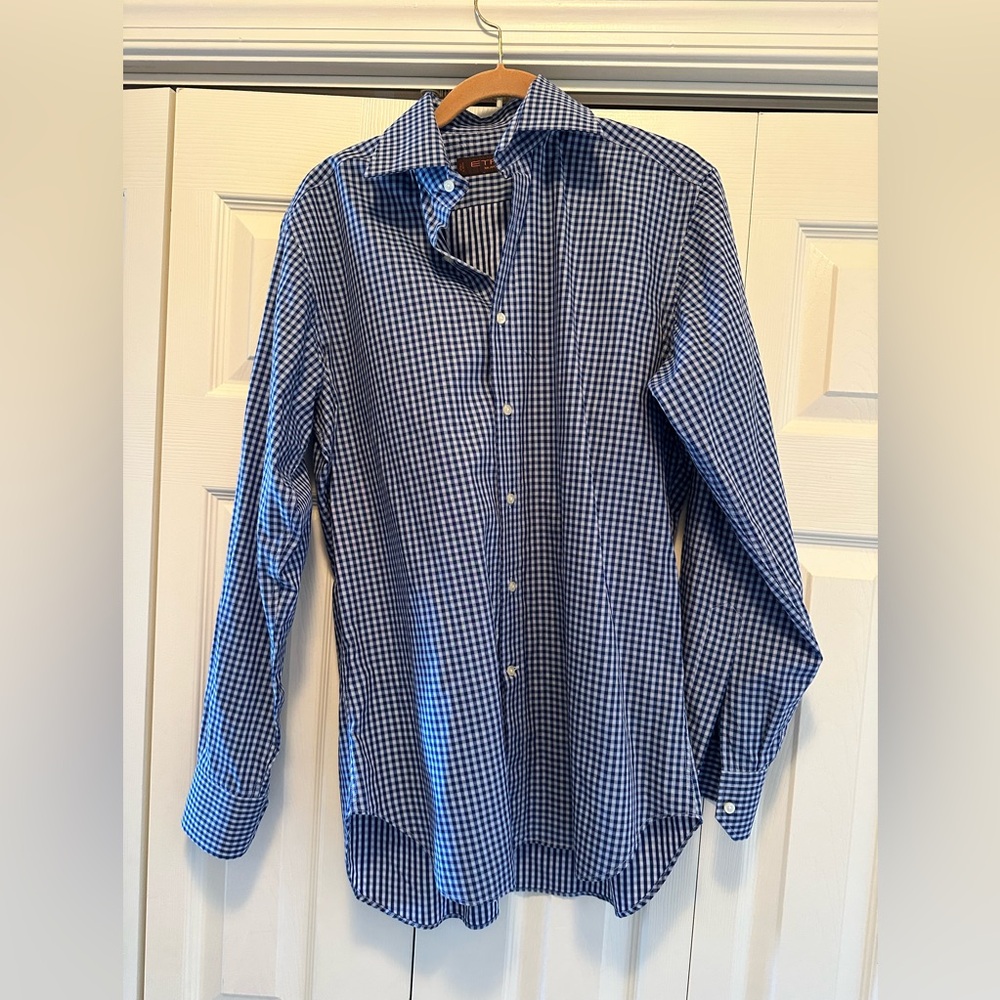Etro Italy Mens 39 Long Sleeve Button Shirt Blue Gingham Plaid